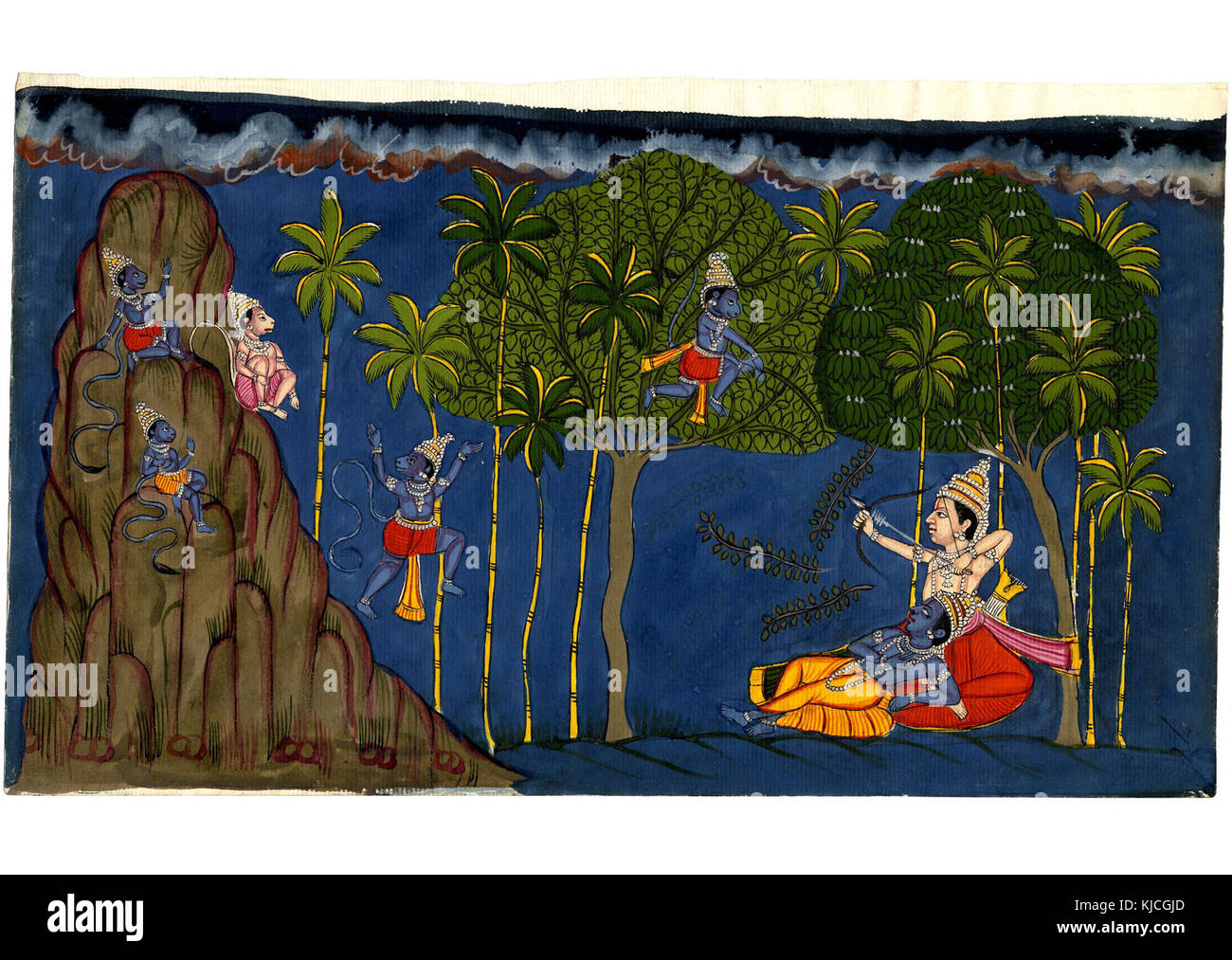 Affen werden während Hanumans Rückkehr aus Lanka, wie in der hinduistischen Mythologie beschrieben, den Honey Grove plündern sehen, was die chaotischen Folgen ihrer Reise unterstreicht. Stockfoto