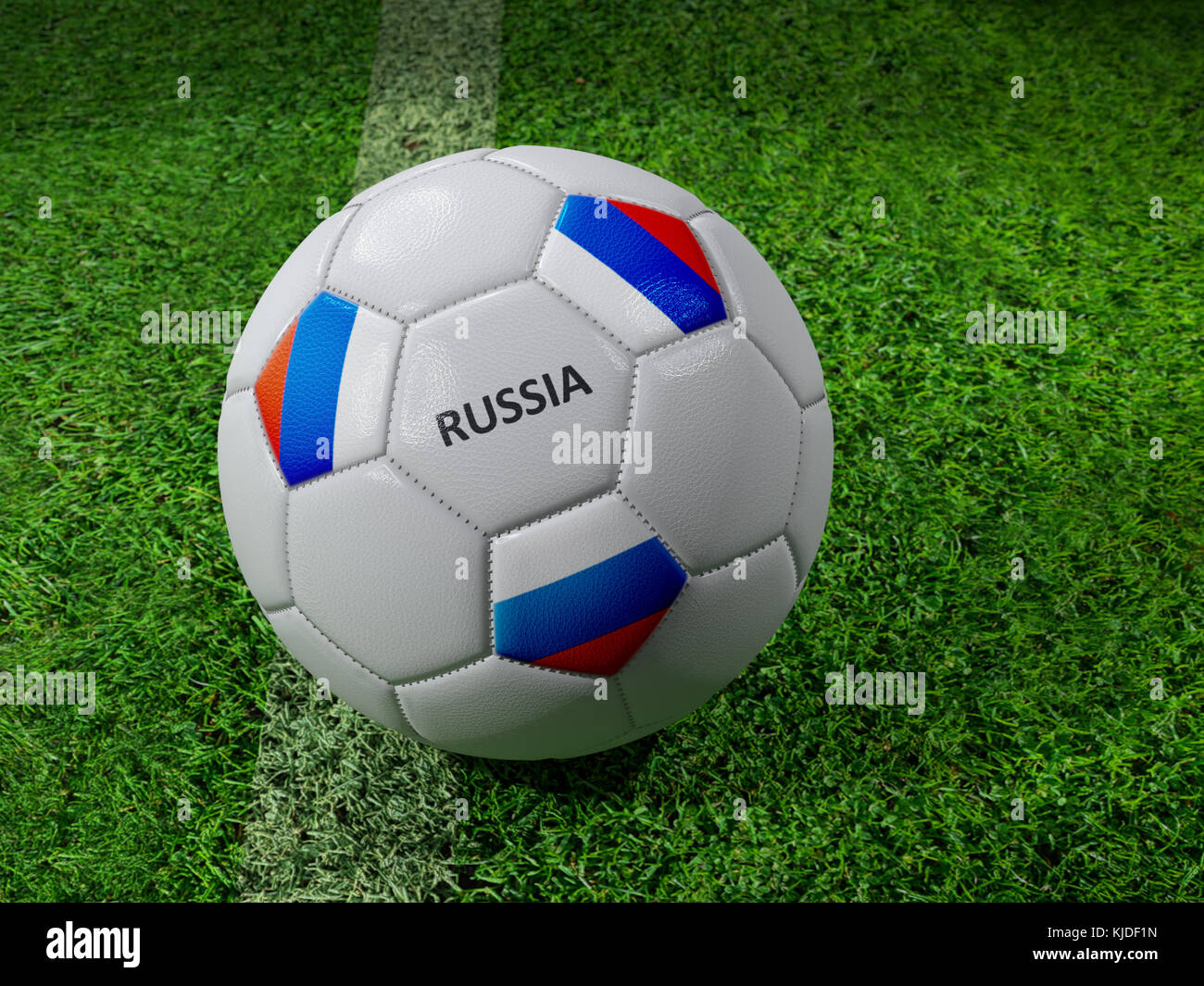 3D-Rendering des weißen Fußball mit aufgedruckten Russische Fahne Farben neben dem Pitch line Stockfoto