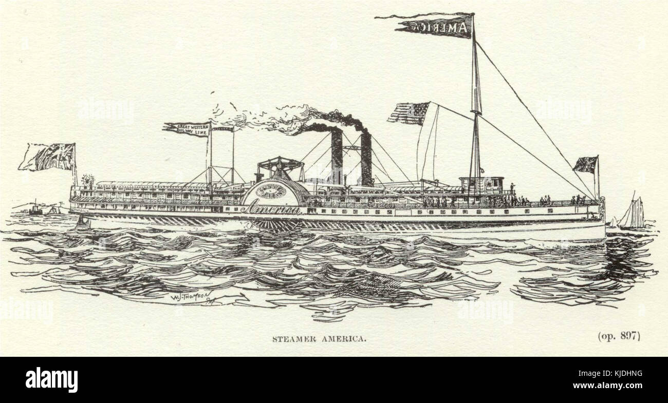 Die Steamer America war ein bemerkenswertes Schiff, das im 19. Jahrhundert auf den Großen Seen verkehrte. Er war bekannt für seine Größe und Geschwindigkeit und spielte eine wichtige Rolle beim Transport von Gütern und Fahrgästen zwischen Häfen. Ihr Service spiegelte das industrielle Wachstum und die Transportentwicklung in der Region während dieser Zeit wider. Stockfoto