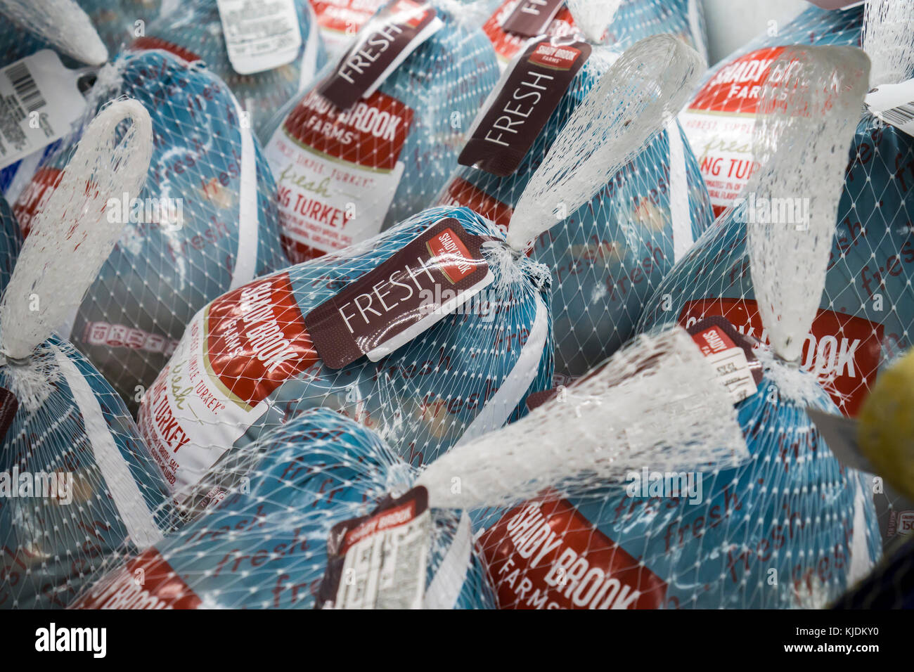 Shady Brook Marke frische Puten zum Verkauf in einem Supermarkt in New York am Montag, 20. November 2017. liefert der Türkei berichtet in diesem Jahr reichlich mit einem 16 Pfund Türkei kostet 1,6 Prozent weniger als im letzten Jahr und die gesamten Kosten eines Thanksgiving Mahlzeit werden soll die niedrigste seit 2013 ist, laut der American farm bureau Federation. (© Richard b. Levine) Stockfoto