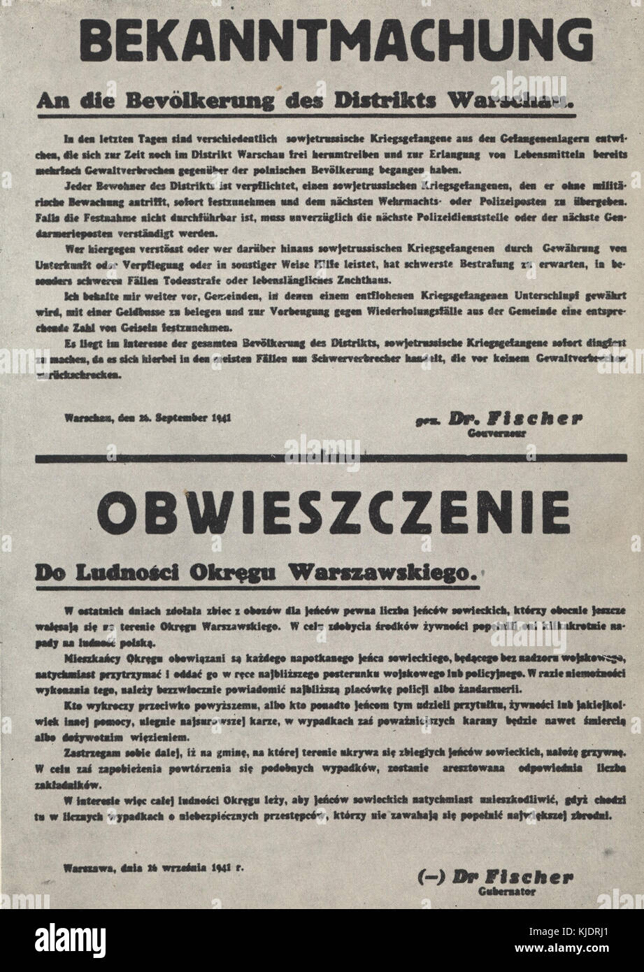 Ankündigung von Sanktionen für die sowjetischen Kriegsgefangenen (besetzten Polen, September 1941) Stockfoto