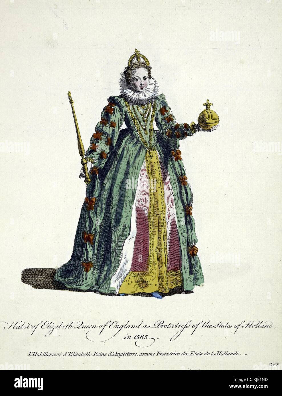 Handcolorierte graviert Portrait von Königin Elizabeth von England, mit dem Titel 'Gewohnheit der Königin Elisabeth von England als protectoress der Staaten von Holland, L'Schreibwaren d'Elisabeth reine d'Angleterre comme protectrice des Etats del la Hollande', dargestellt mit einem Zepter und Globus cruciger, trug den verzierten Kleid bestreut mit Blumen und einem weiten gefältelten Kragen, 1764. Von der New York Public Library. Stockfoto