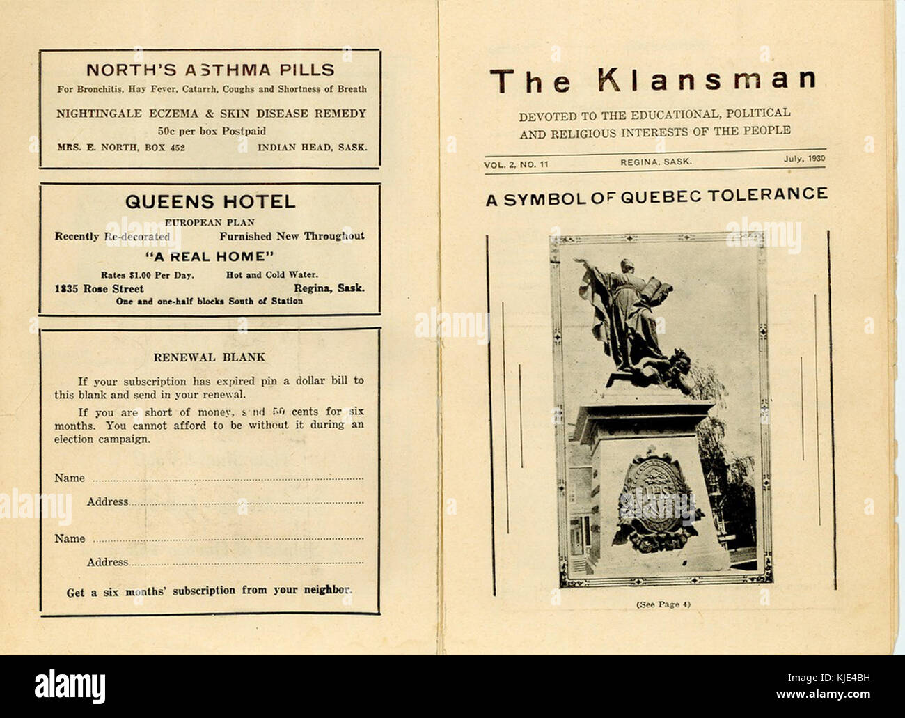 Diese Ausgabe von *The Klansman*, veröffentlicht im Juli 1930, enthält die Seiten 02 und 03, in denen Artikel und Bilder zum Ku Klux Klan gezeigt werden. Es spiegelt die gesellschaftlichen Ansichten und Spannungen der Ära wider und markiert eine kontroverse Periode in der amerikanischen Geschichte. Stockfoto