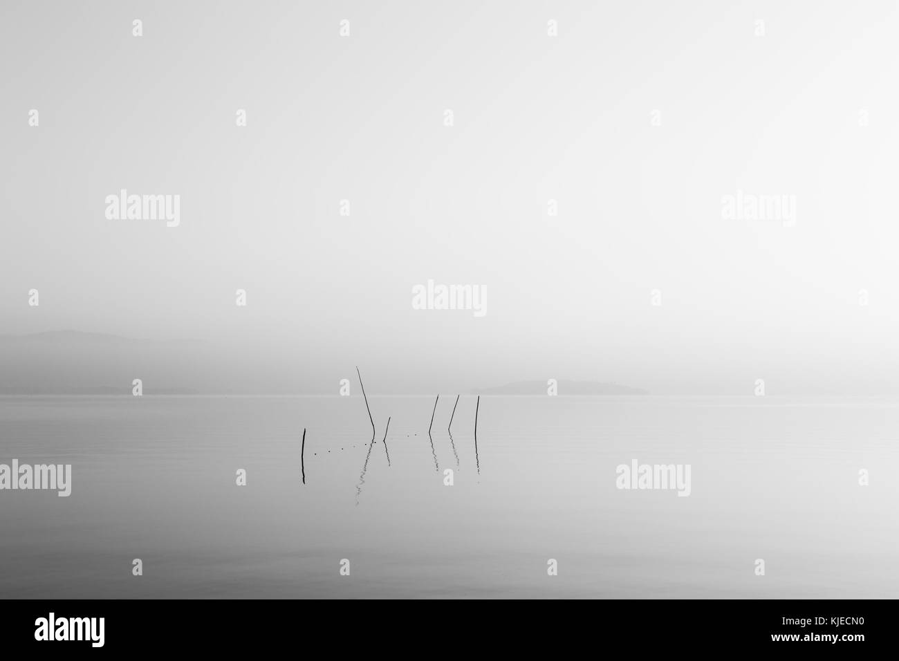 Ein sehr minimalistisches Blick auf den See, in der Dämmerung, mit weichem Licht und Tönen, Fischernetze und Polen im Vordergrund. Stockfoto