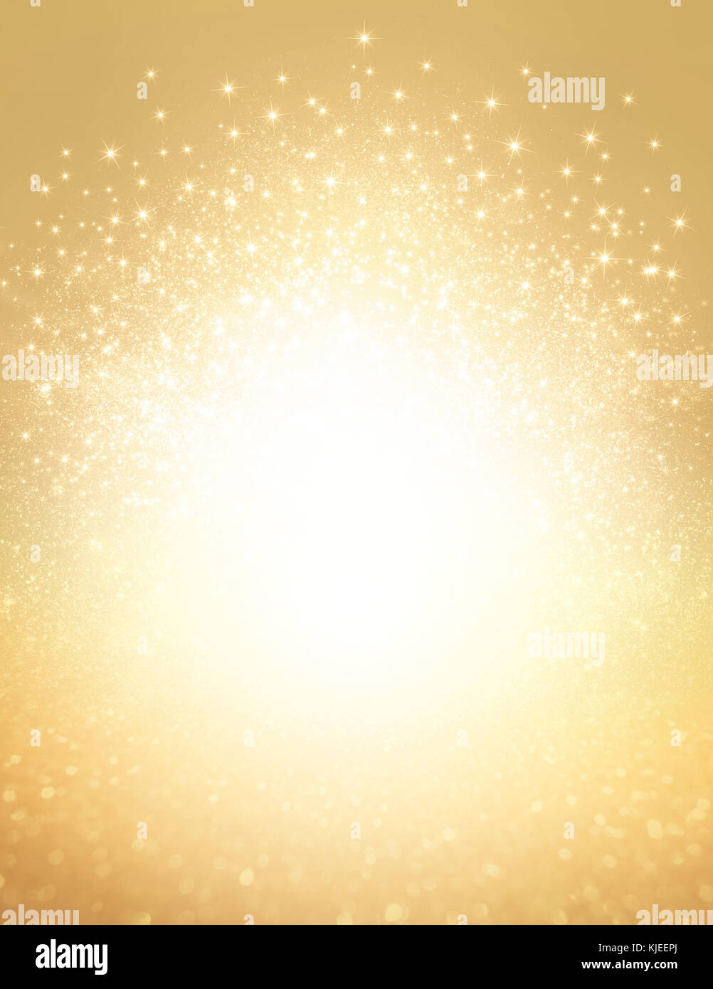 Glitzer und Sterne explodieren auf einem glänzenden goldenen Hintergrund - festliches Material Stockfoto