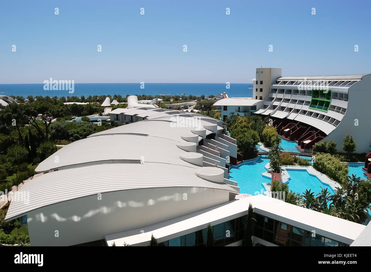 Belek, Türkei - Juni 01, 2015: Meerblick, modernen Gebäuden und Pools im Luxus Hotel Cornelia Diamond Golf Resort, Türkei. Stockfoto