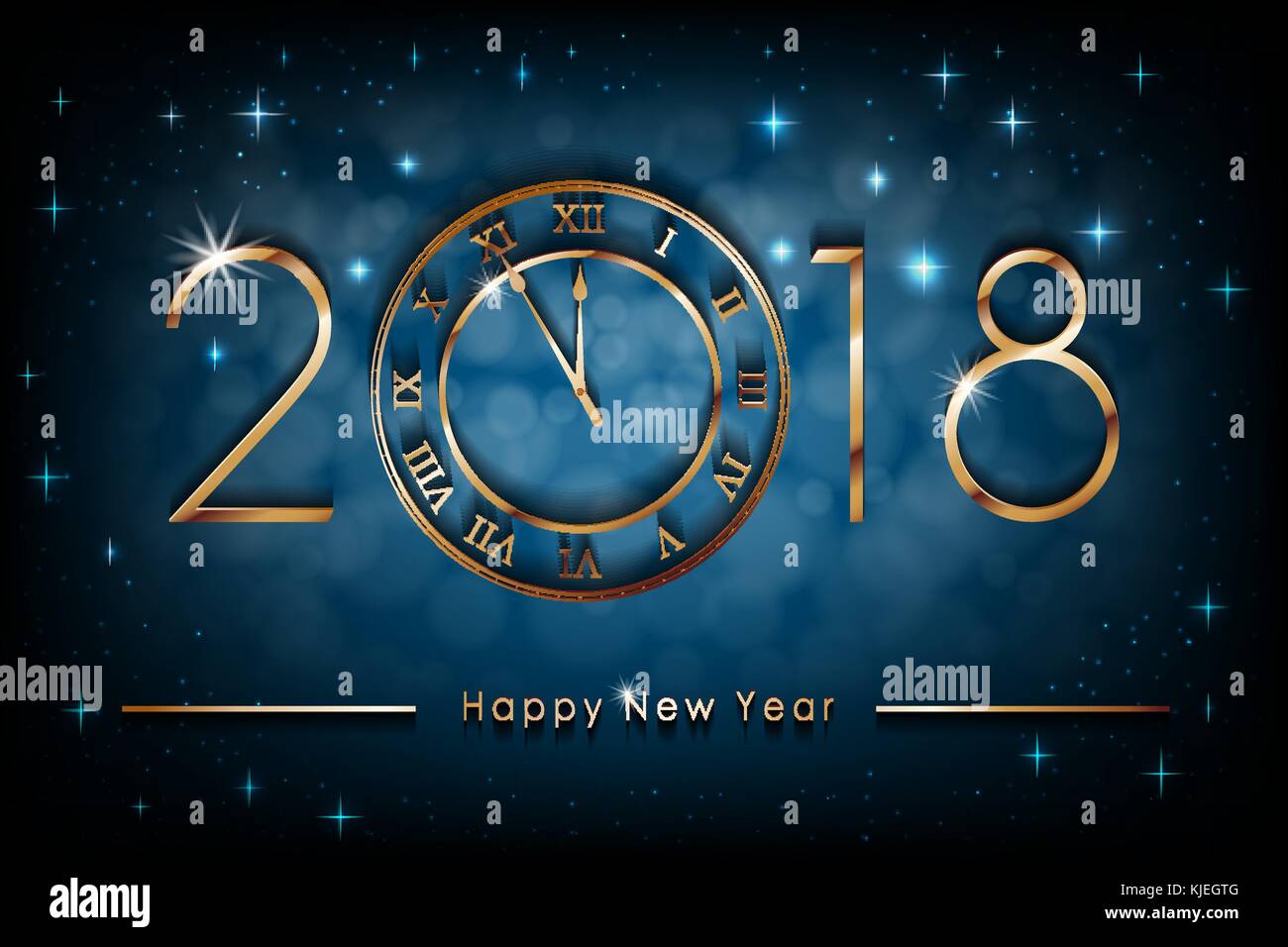 Frohes Neues 2018 Jahr Abbildung auf Blau glänzenden Hintergrund. Grüße neues Jahr Banner mit gold Uhr. bunten Winter Hintergrund. Vektor Stock Vektor