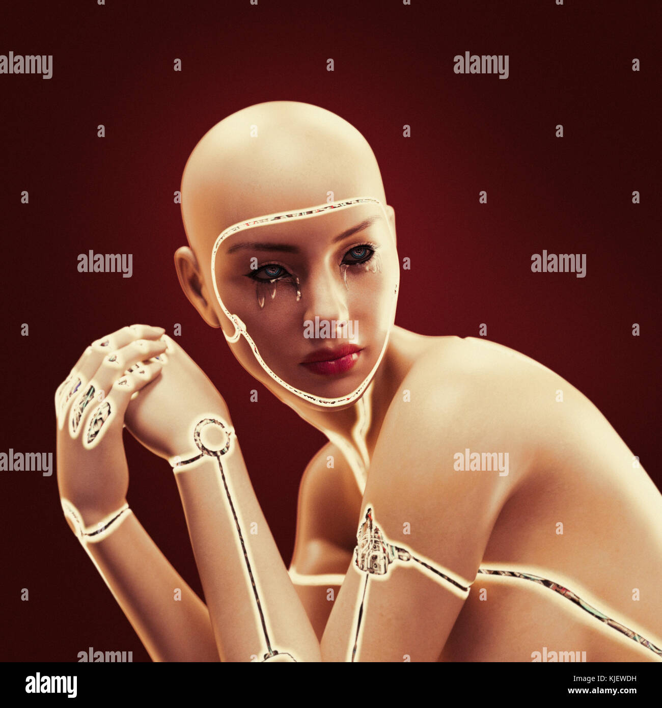 Roboter Frau weinen Stockfoto