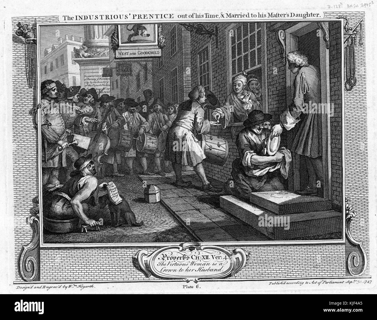 Gravur und Gravur auf Papier mit dem Titel "Industrie und Müßiggang, Platte 6, der fleißige Prentice aus seiner Zeit, und verheiratet mit der Tochter seines Meisters, die eine Gruppe von Männern darstellt, die meisten mit Trommeln, einige mit anderen Instrumenten, die vor einem Fenster stehen, einer der Trommler, der Geld von einer Person am Fenster bekommt, von William Hogarth, 1747. Aus der New York Public Library. Stockfoto Gravur und Gravur auf Papier mit dem Titel "Industrie und Müßiggang, Platte 6, der fleißige Prentice aus seiner Zeit, und verheiratet mit der Tochter seines Meisters, die eine Gruppe von Männern darstellt, die meisten mit Trommeln, einige mit anderen Instrumenten, die vor einem Fenster stehen, einer der Trommler, der Geld von einer Person am Fenster bekommt, von William Hogarth, 1747. Aus der New York Public Library. Stockfoto