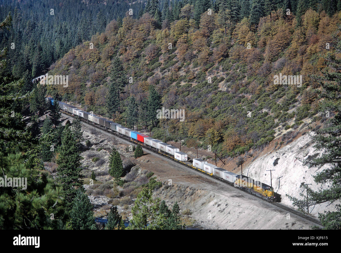 Dieses Bild zeigt eine Union Pacific SD40-2-Lokomotive mit der Nummer 3411, die im November 1978 östlich von Sloat, Kalifornien, unterwegs war. Die SD40-2 war eine dieselelektrische Lokomotive, die im späten 20. Jahrhundert von Union Pacific eingesetzt wurde. Stockfoto