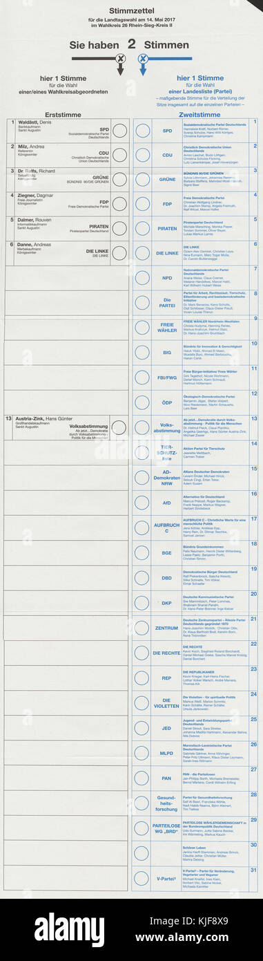2017 Stimmzettel Landtagswahl NRW Stockfoto