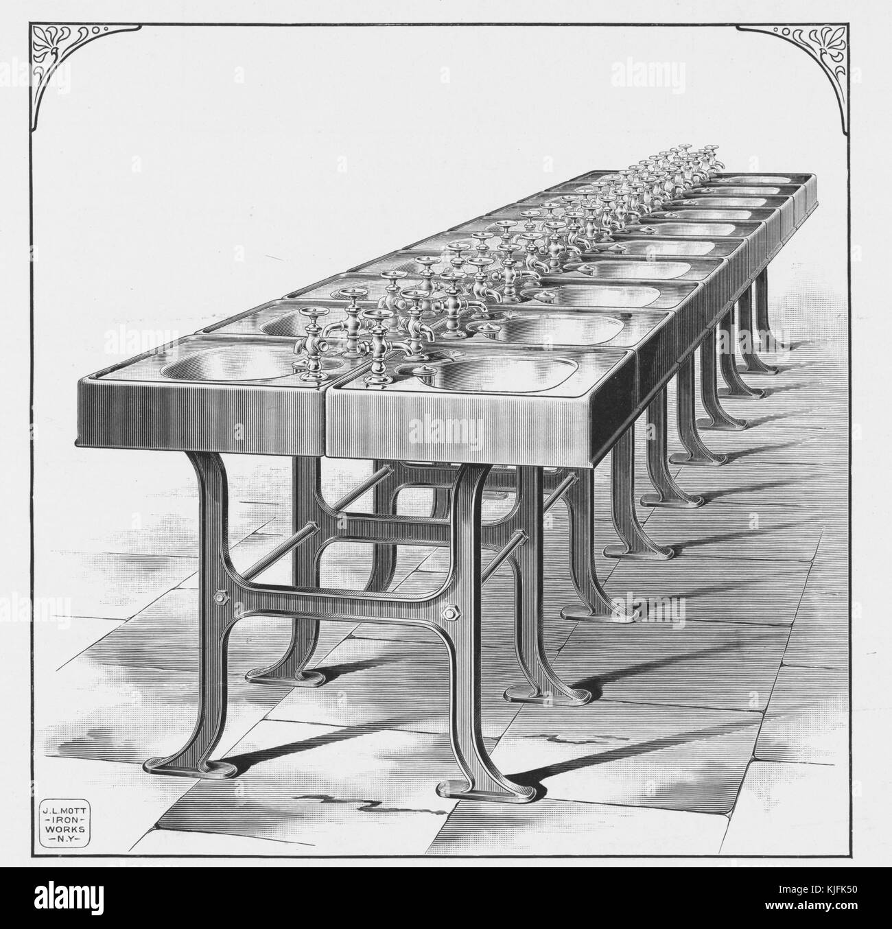 Illustration für eine Anzeige mit einer Reihe von Waschbecken mit dem Titel „Toiletten und Waschbecken für die Verwendung in Krankenhäusern, Anstalten, Fabriken, Kasernen usw., Plate 1123-G', herausgegeben von JL Mott Iron Works, New York, 1885. Aus der New York Public Library. Stockfoto