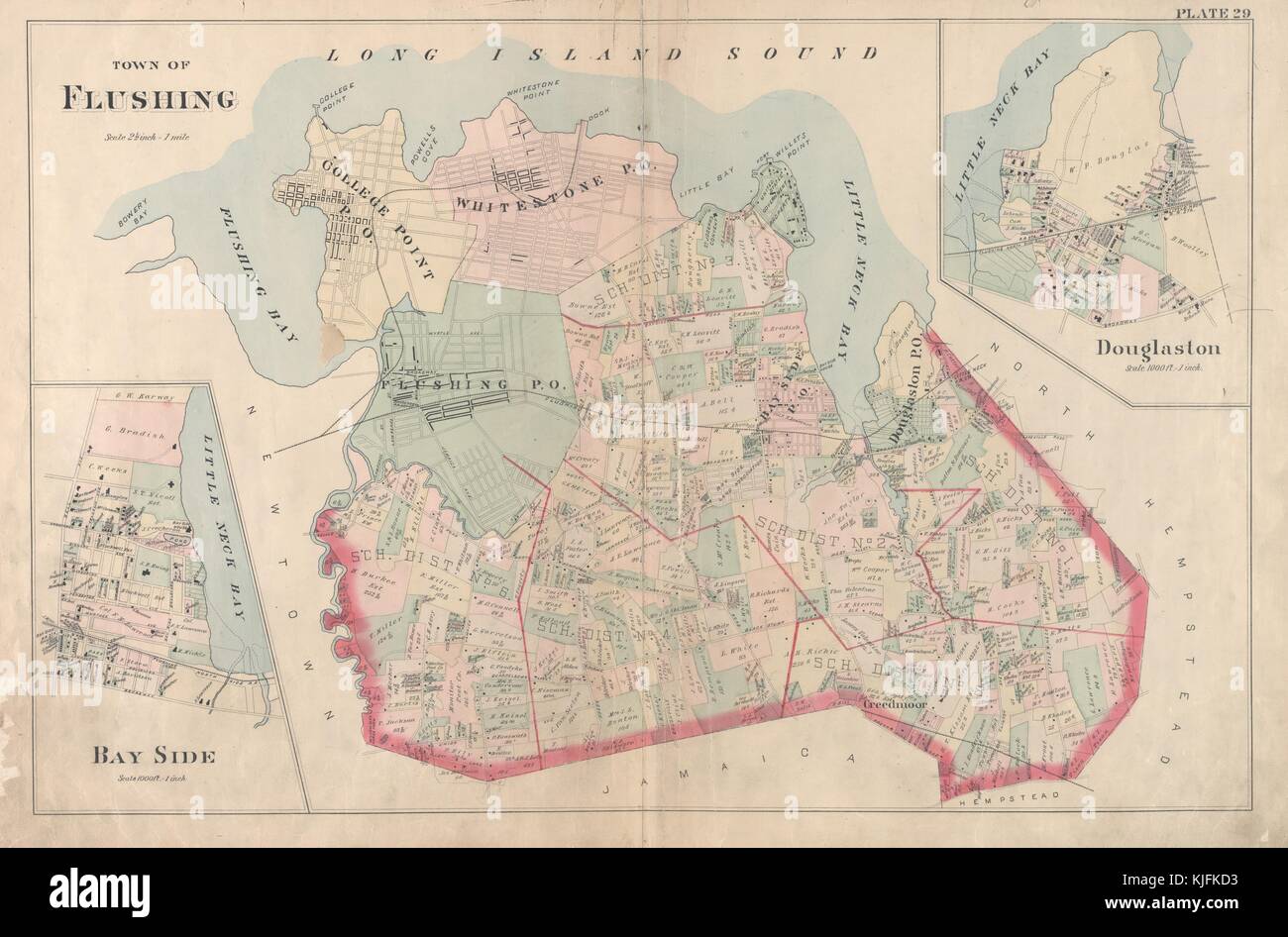 Eine alte Karte von Spülung, die Karte zeigt die verschiedenen Zonen in der Stadt unterteilt ist, die Karte auch erweiterten Abschnitte für die Bay Side und douglaston Bereiche, Queens, New York, 1891. Von der New York Public Library. Stockfoto