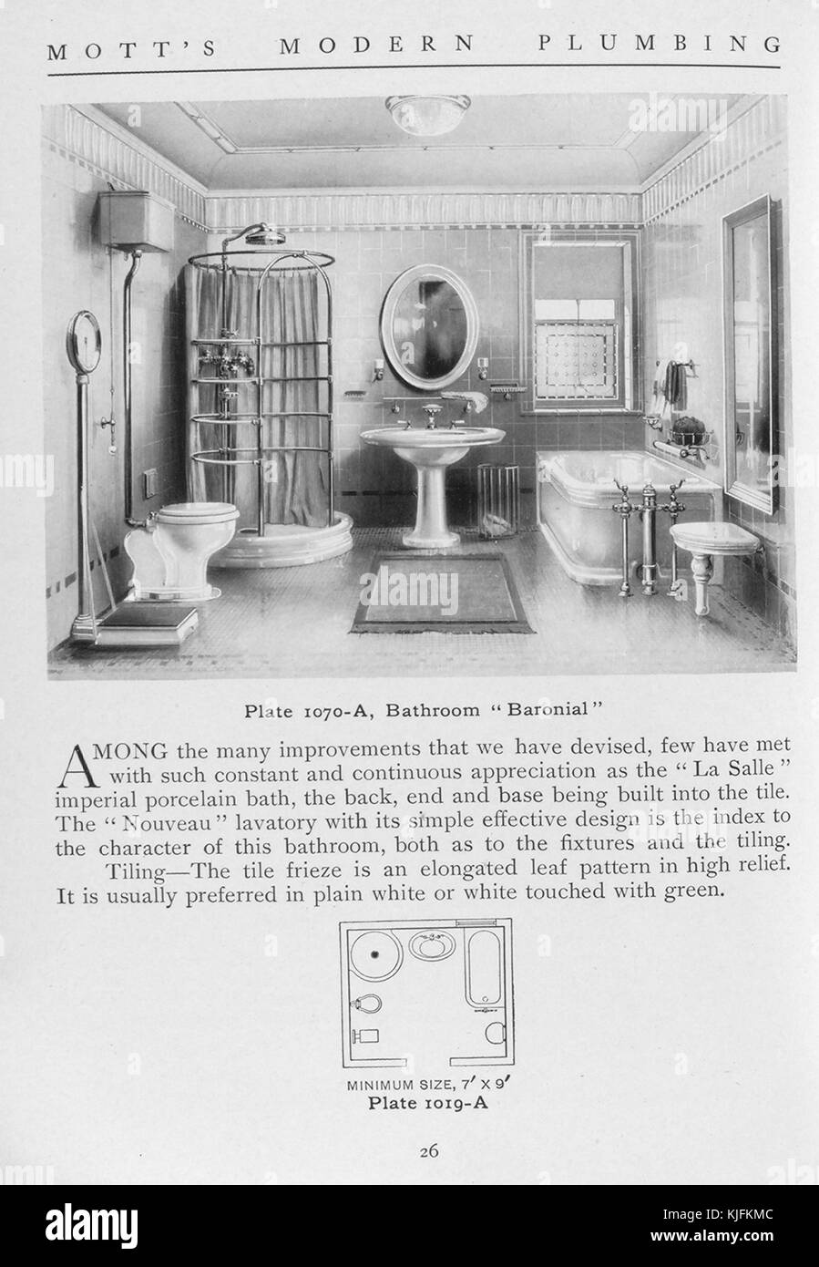 Badezimmer im Baronialstil, 1911. Aus der New York Public Library. Diese Platte ist von Motts Modern Plumbing, einem Katalog, der verschiedene Stile von Badezimmerarmaturen darstellt. Stockfoto