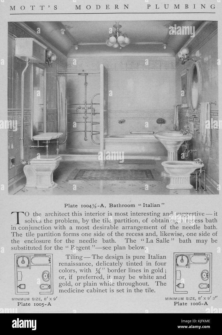 Badezimmer, italienischer Stil, 1911. Aus der New York Public Library. Diese Platte ist von Motts Modern Plumbing, einem Katalog, der verschiedene Stile von Badezimmerarmaturen darstellt. Stockfoto