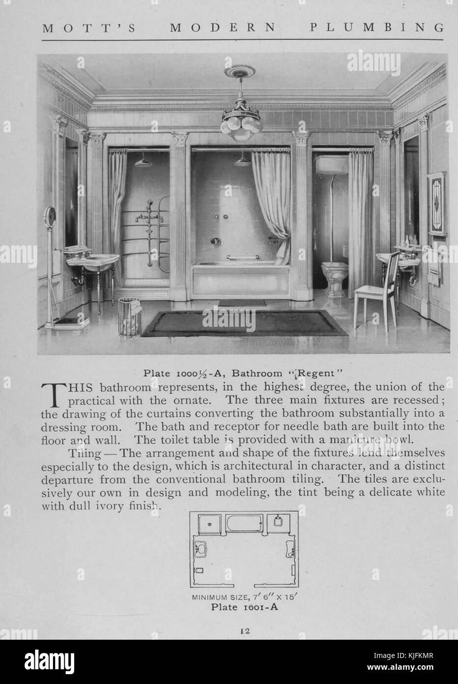 Ein Badezimmer im Regent-Stil, 1911. Aus der New York Public Library. Diese Platte ist von Motts Modern Plumbing, einem Katalog, der verschiedene Stile von Badezimmerarmaturen darstellt. Stockfoto