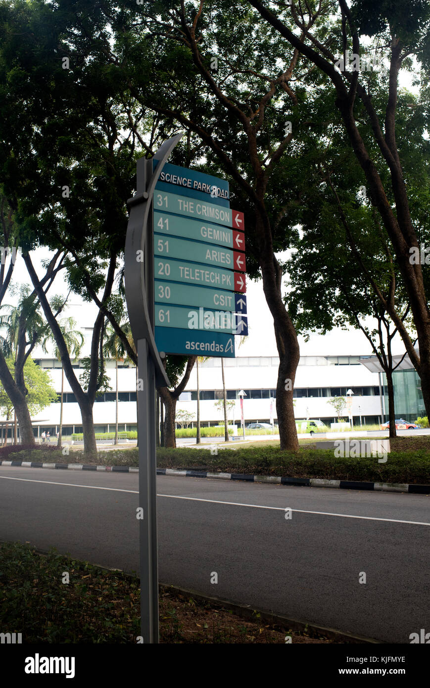 Wegweiser zeigt die verschiedenen Einheiten auf der Singapore Science Park Stockfoto