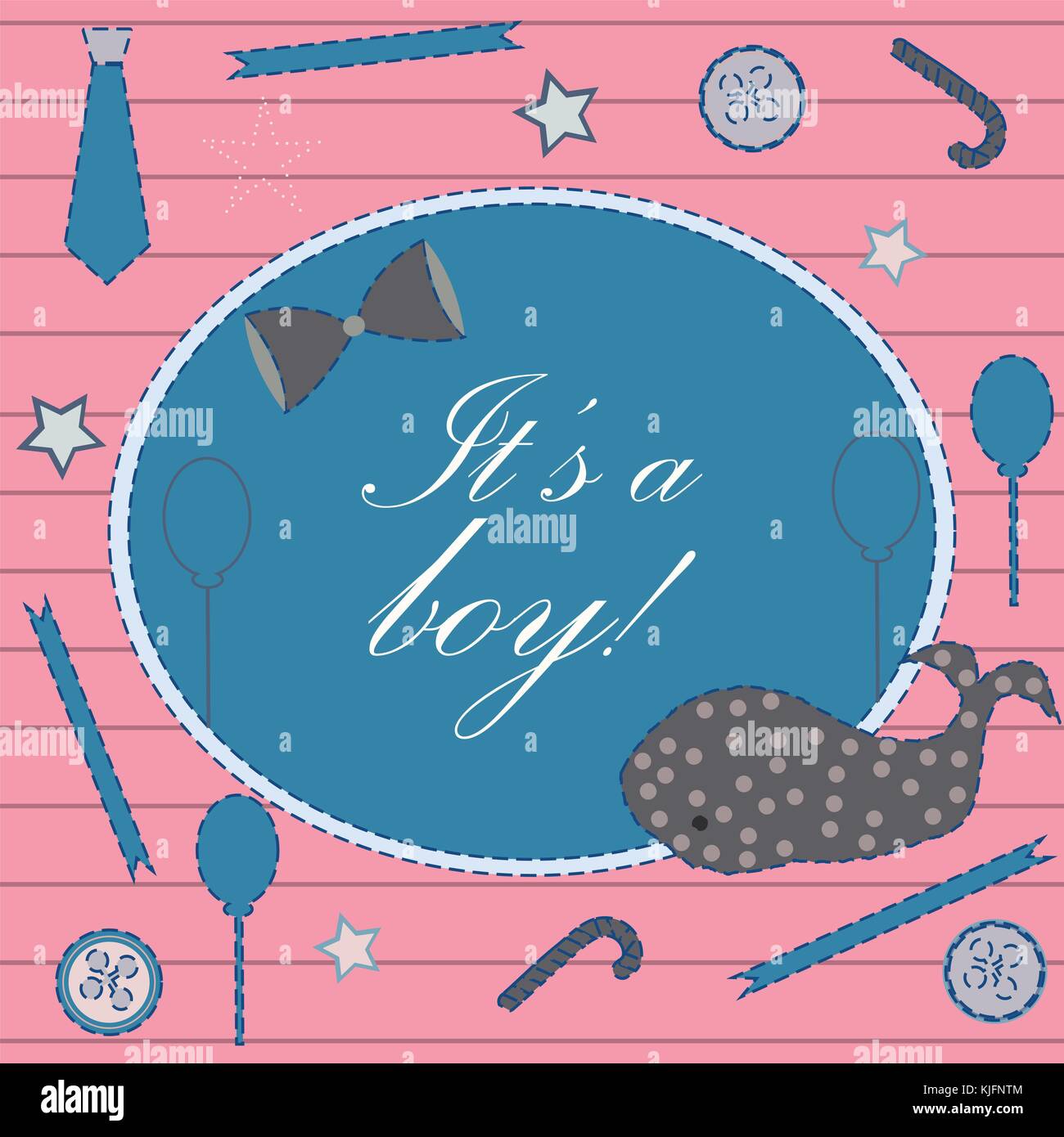 Baby Geburt Ansage. babyduscheeinladung Karte. cute Wal kündigt die Ankunft des Jungen. card Design auf Teal Hintergrund mit Bändern, Riegel, b Stock Vektor