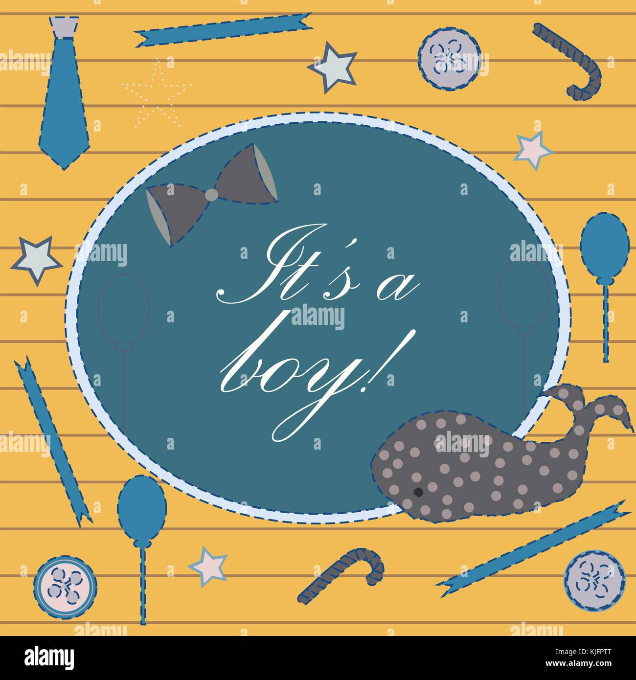 Baby Geburt Ansage. babyduscheeinladung Karte. cute Wal kündigt die Ankunft des Jungen. card Design auf Teal Hintergrund mit Bändern, Riegel, b Stock Vektor