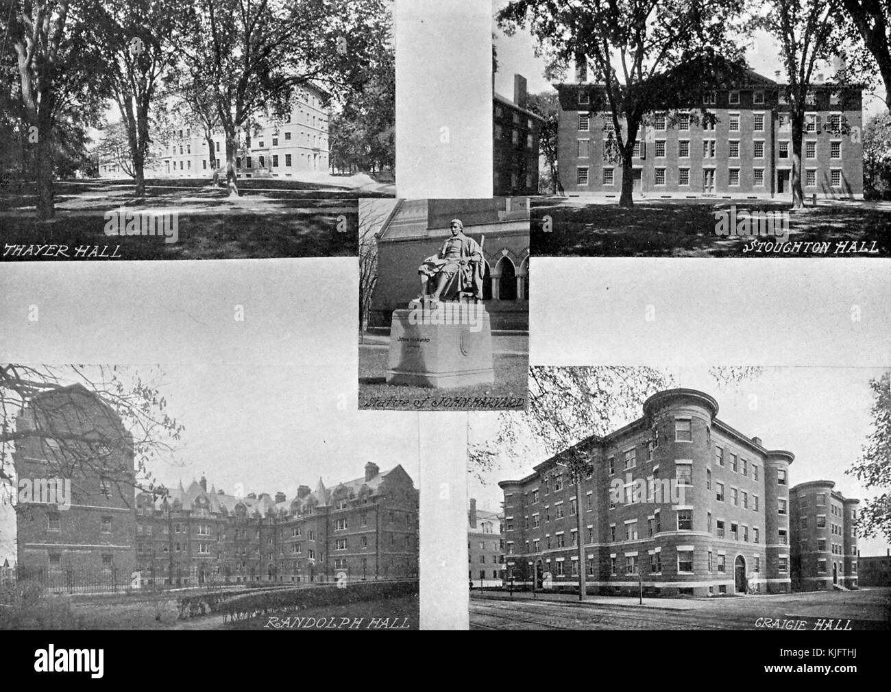 Ein zusammengesetztes Bild mit fünf Fotografien von der Harvard University, die vier größten Fotografien befinden sich in den Ecken und bestehen aus Schlafsälen namens Thayer Hall, Stoughton Hall, Randolph Hall und Craigie Hall, Thayer und Stoughton Hallen dienen immer noch als Neuling Schlafsäle, Randolph Hall wurde von Adams House absorbiert, Craigie Hall wurde von der Universität im Jahr 1923 verkauft, die Statue in der Mitte ist von John Harvard, der Gründer der Universität, Cambridge, Massachusetts, Boston, Massachusetts, 1913. Stockfoto
