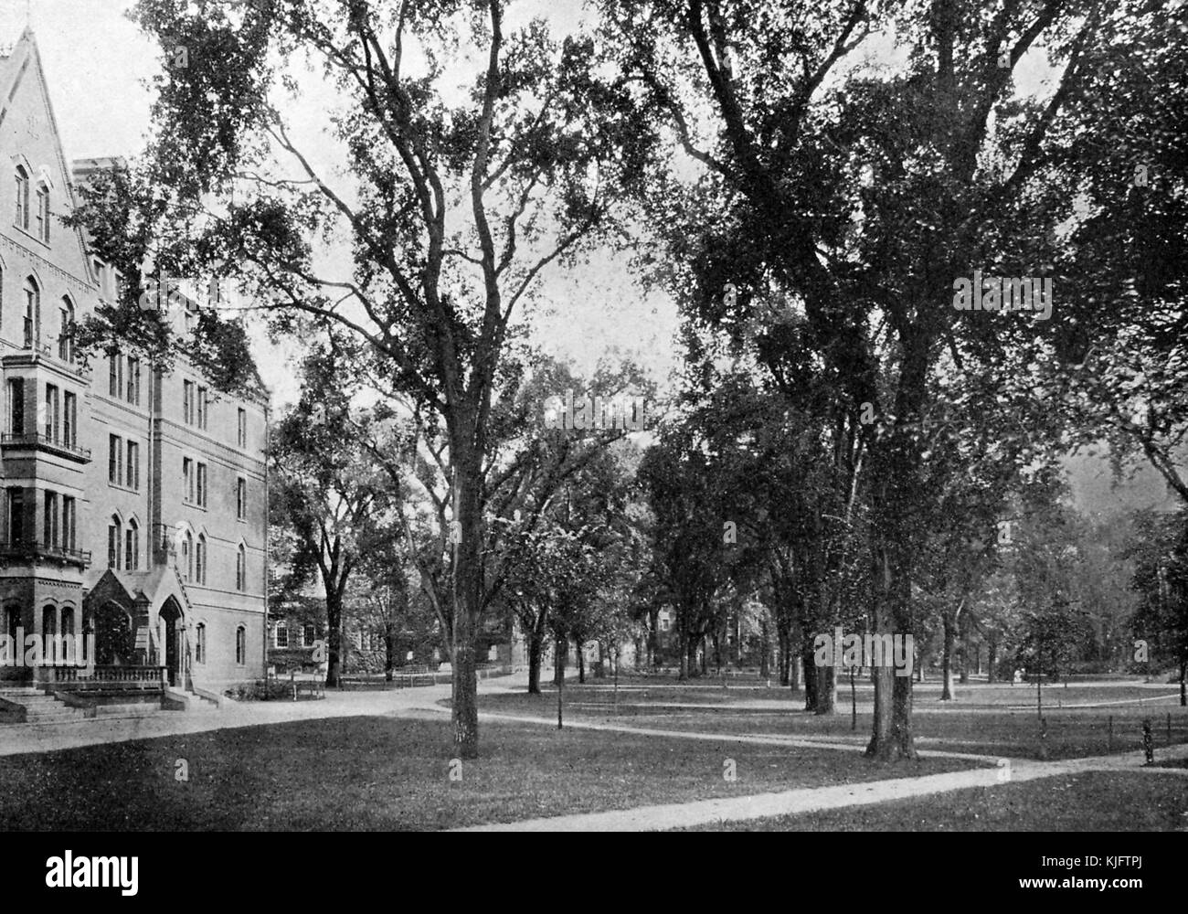 Ein Foto von Harvard Yard an der Harvard University, die große Grasfläche ist der älteste Teil des Campus, der Hof enthält Klassenzimmer und Verwaltungsgebäude, Bibliotheken und Schlafsäle unter anderen Gebäuden, Reihen von Bäumen, Gras, Bürgersteige und mehrere Gebäude sind auf dem Foto zu sehen, Cambridge, Massachusetts, Boston, Massachusetts, Massachusetts, 1913. Stockfoto