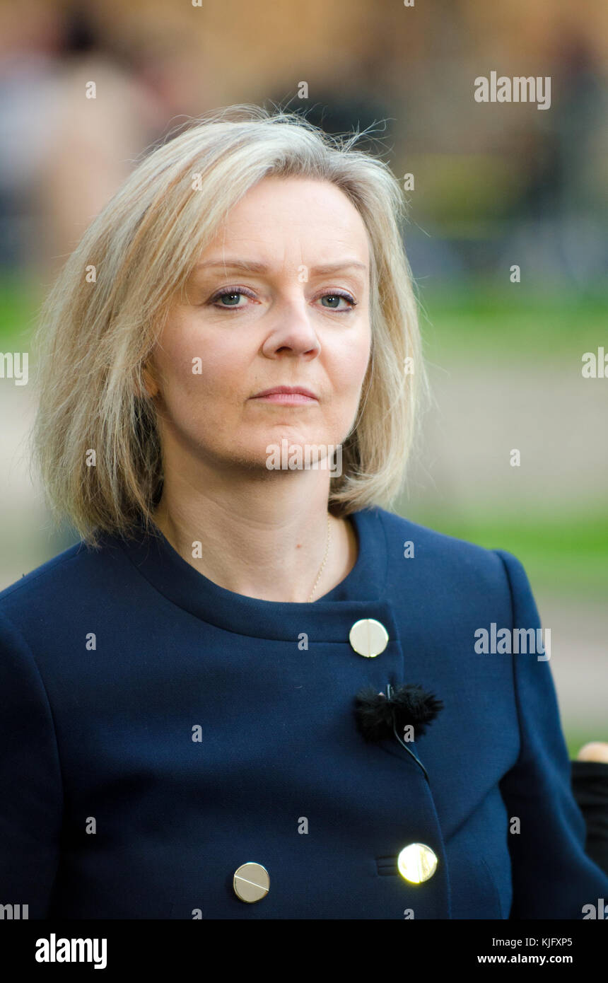 Liz Truss MP (Con; Chief Secretary, Schatzamt) auf College Green, Westminster, Philip Hammonds Budget zu diskutieren, 22. Nov 2017 Stockfoto