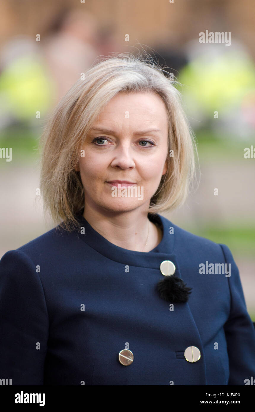 Liz Truss MP (Con; Chief Secretary, Schatzamt) auf College Green, Westminster, Philip Hammonds Budget zu diskutieren, 22. Nov 2017 Stockfoto