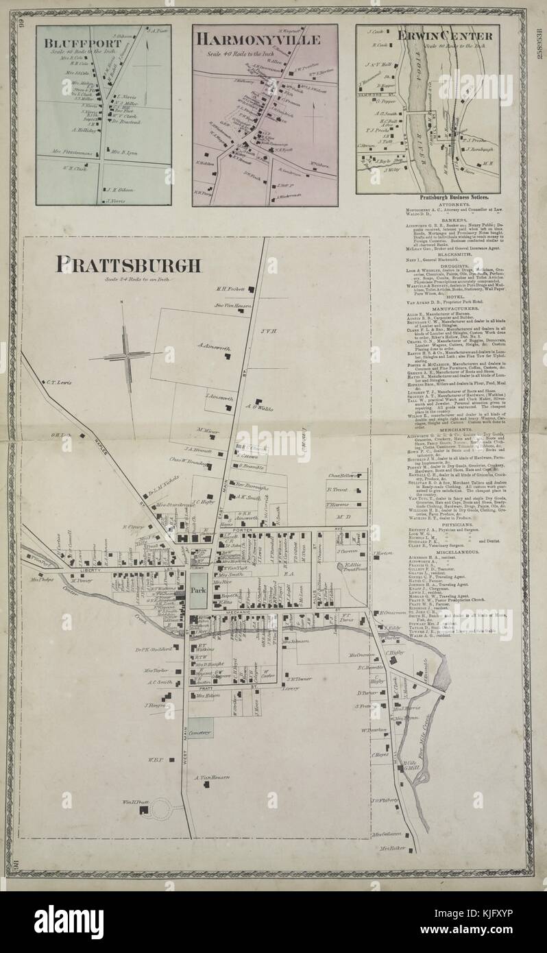 Graviertes Kartenbild aus einem atlas mit Originalunterschrift „Prattsburgh Village, Bluffport Village, Harmonyville Village, Erwin Center Village, Prattsburgh Business Notices“, 1873. aus der New York Public Library. Stockfoto