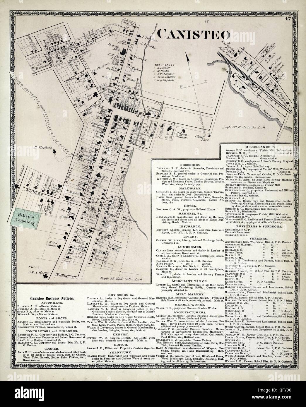 Graviertes Kartenbild aus einem atlas mit Originalunterschrift „Canisteo Village, Canisteo Business Notices“, 1873. Aus der New York Public Library. Stockfoto
