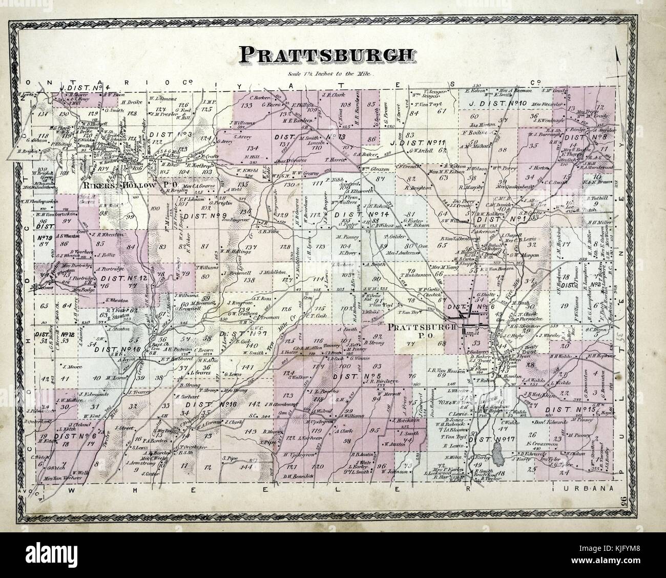 Graviertes Kartenbild aus einem atlas mit Originalunterschrift „Prattsburgh Township“, 1873. Aus der New York Public Library. Stockfoto