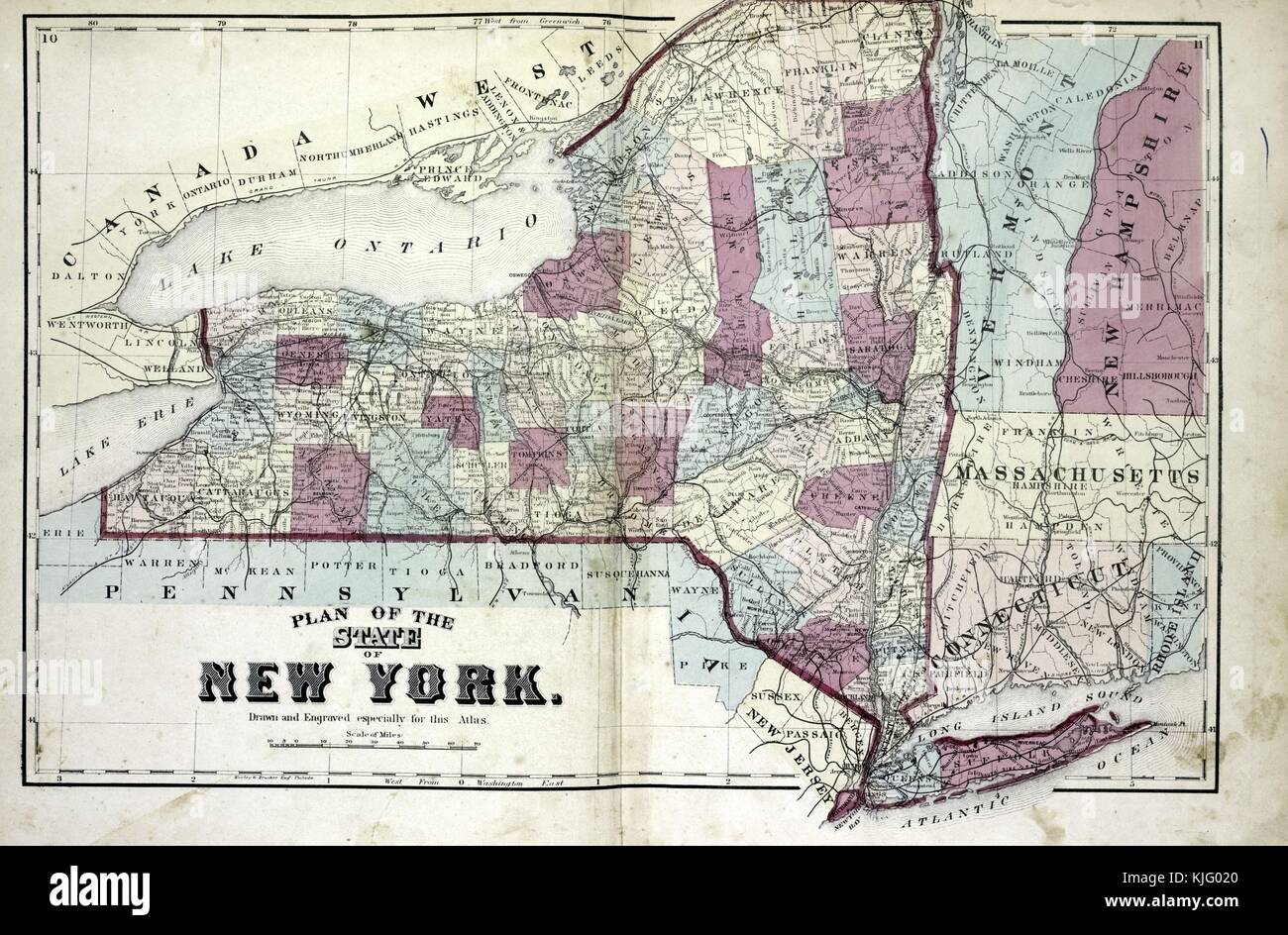 Graviertes Kartenbild aus einem atlas mit Originalunterschrift „Plan of the State of New York“, New York, 1873. Aus der New York Public Library. Stockfoto