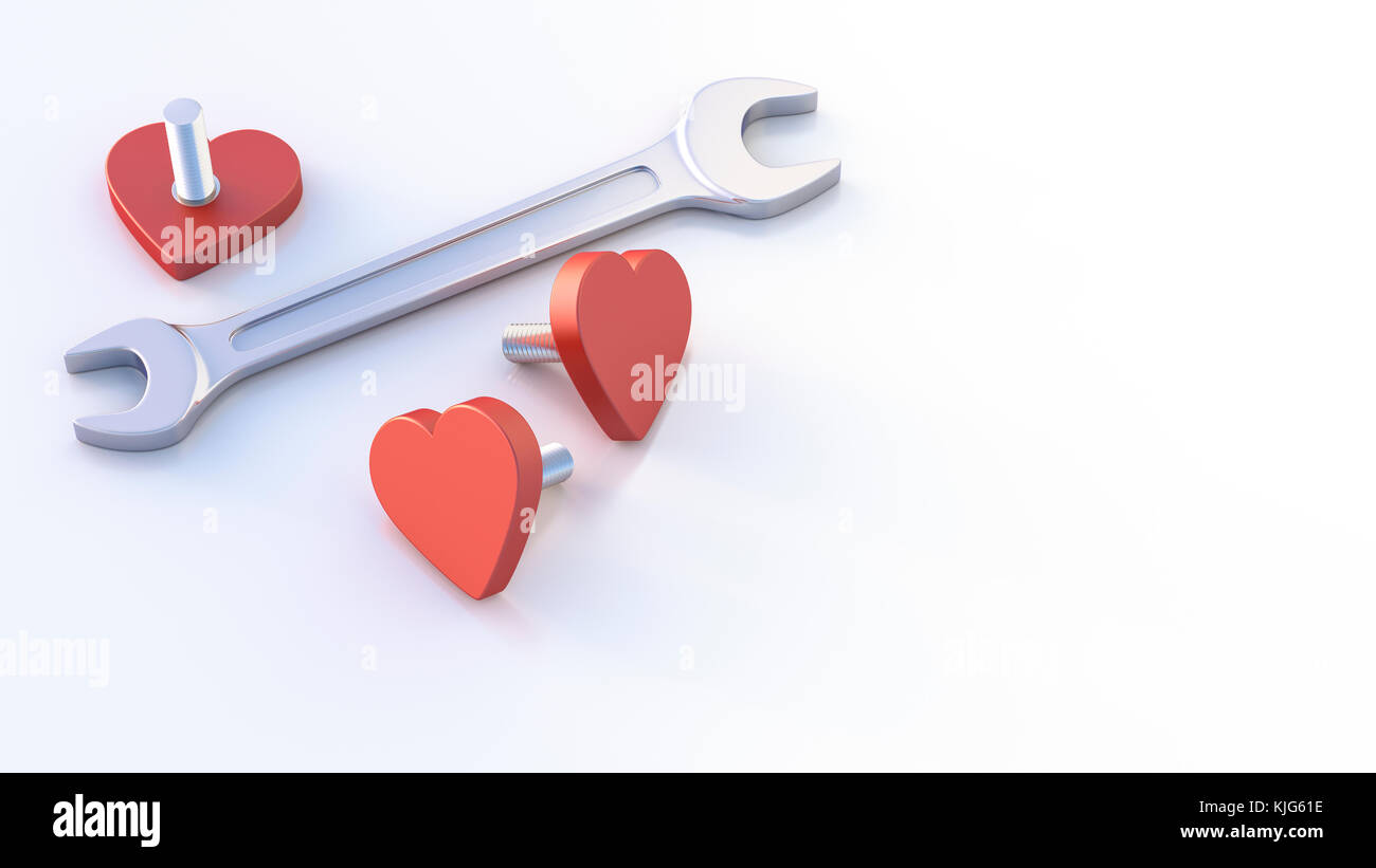 Schraubenschlüssel und Herzförmigen schrauben, 3D-Rendering Stockfoto
