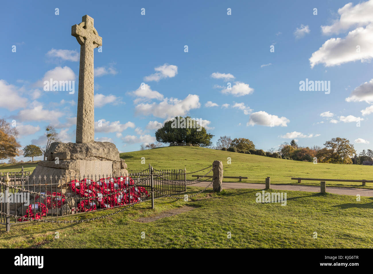 War Memorial, Mohn, Lyndhurst, Hampshire Design Konzept von Alice Liddel, Lewis Carrol's Alice im Wunderland. Über die Bolton Bank Eibe sah Stockfoto