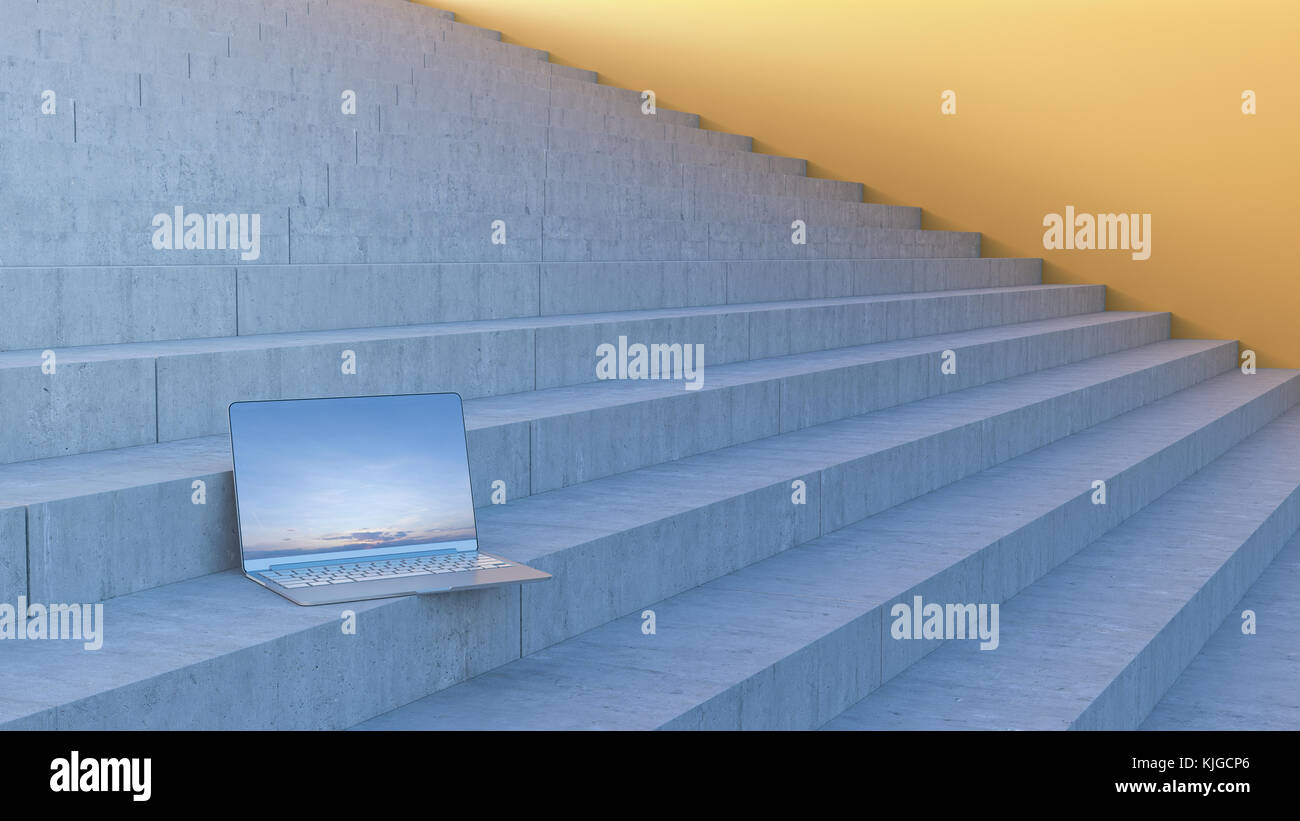 Laptop auf Treppen, 3D-Rendering Stockfoto