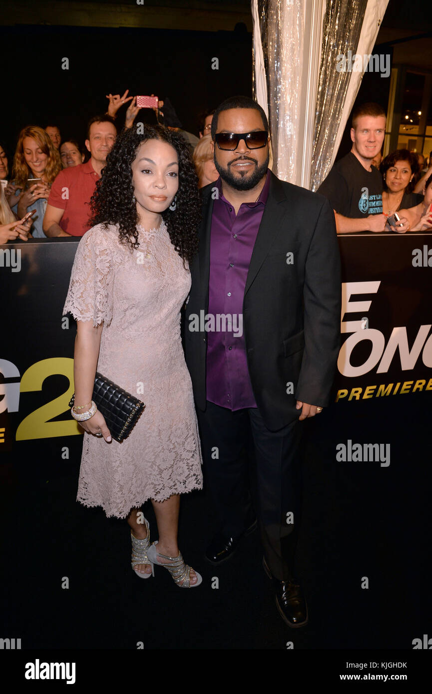 MIAMI BEACH, FL - JANUAR 06: Ice Cube, Kimberly Woodruff besucht Weltpremiere von 'Ride Along 2' im Regal South Beach Cinema am 6. Januar 2016 in Miami Beach, Florida Menschen: Ice Cube, Kimberly Woodruff Stockfoto