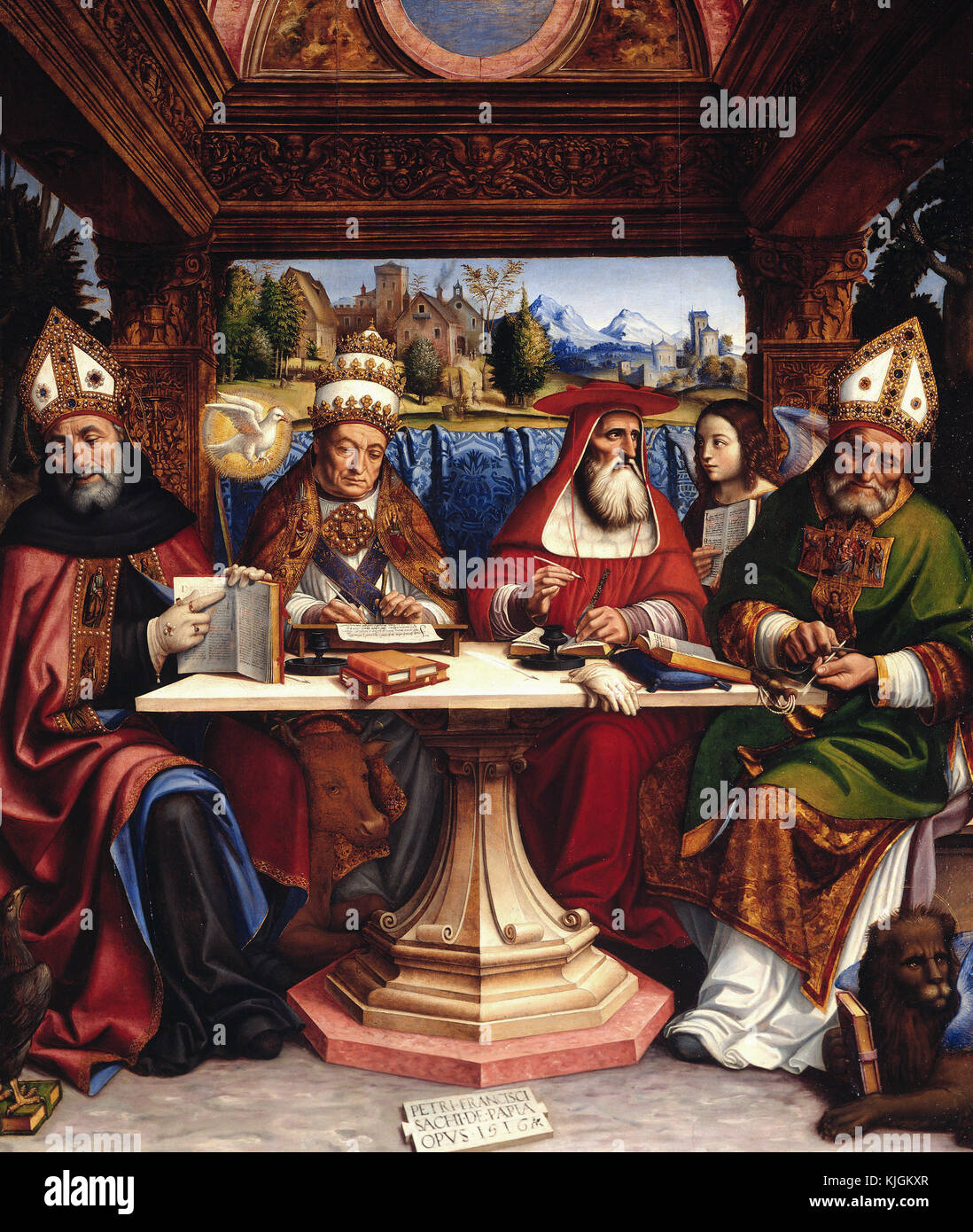 Sacchi Pier Francisco - Die vier Ärzte der Kirche mit den Symbolen der vier Evangelisten Paris. Musée du Louvre Stockfoto