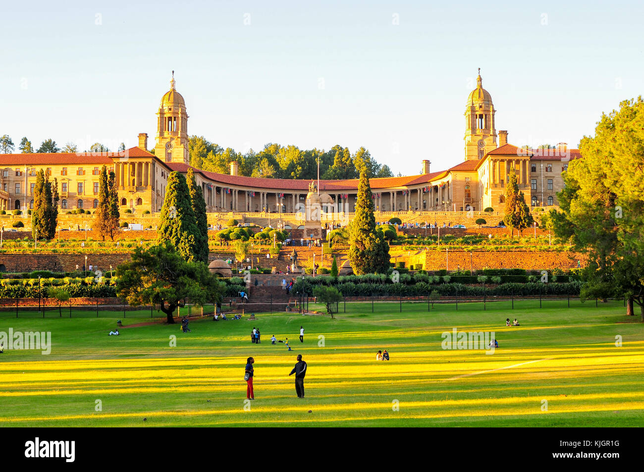 Union Buildings, Pretoria, Südafrika bei Sonnenuntergang. Stockfoto