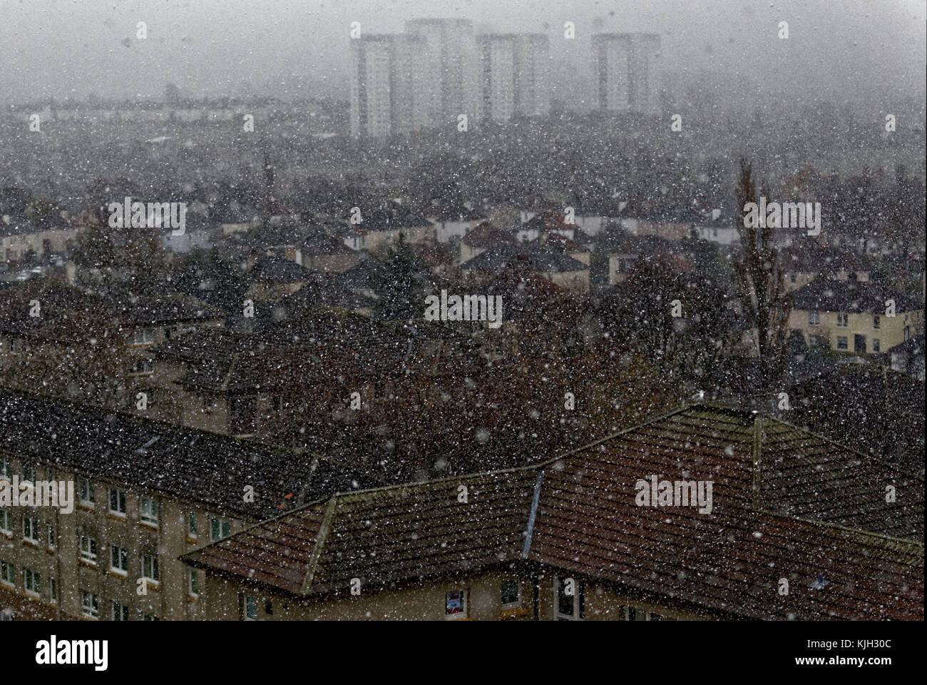 Glasgow, Schottland, Großbritannien, 24. November.de Wetter: erster Schnee in der Stadt fallen, wie schwere Duschen die ganze Stadt im Westen der Stadt unsichtbar hinter der Lincoln Avenue Türme mit eingeschränkter Sicht, da der Intensität. Credit gerard Fähre / alamy Nachrichten Stockfoto