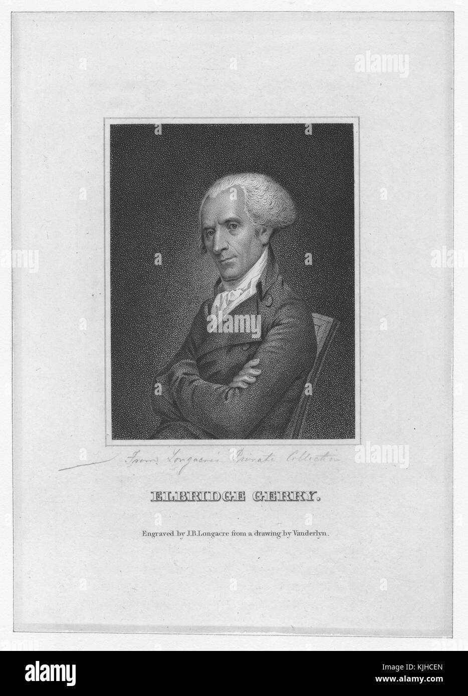 Eine Ätzung aus einem Porträt von Elbridge Gerry. Er war ein amerikanischer Politiker, der als 5. Vizepräsident der Vereinigten Staaten unter Präsident James Madison diente, er diente auch als 9. Gouverneur von Massachusetts und als Mitglied des Repräsentantenhauses der Vereinigten Staaten von Massachusetts. Er unterzeichnete sowohl die Unabhängigkeitserklärung als auch die Konföderationserklärung. Er weigerte sich, die Verfassung der Vereinigten Staaten zu unterzeichnen, weil es keine Charta gab. Er ist am besten bekannt als Namensgeber des Gerrymandering, was die Praxis ist, Wahlbezirke zu manipulieren, um einem P einen Gefallen zu tun Stockfoto