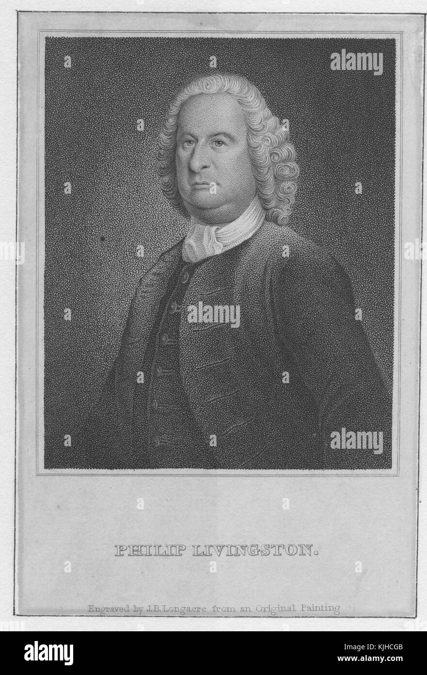 Als Gravur eines Porträts von Philip Livingston wurde er von New York zum Kontinentalkongress delegiert und unterzeichnete 1830 die Unabhängigkeitserklärung in New York. Aus der New York Public Library. Stockfoto