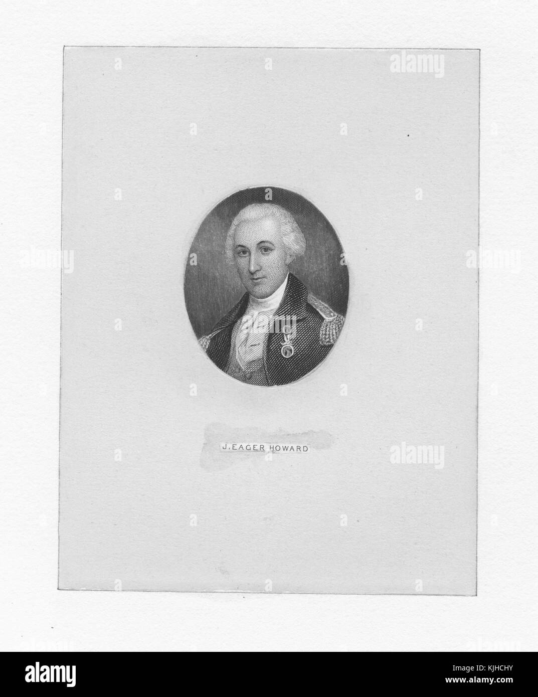 Eine Radierung von einem Porträt von John Eager Howard, er war ein in Amerika geborener Soldat und Politiker aus Maryland, er war Mitglied des Kontinentalkongresses, er war der 5. Gouverneur von Maryland und auch ein Senator der Vereinigten Staaten, 1795 lehn er ein Angebot ab, Kriegsminister von George Washington, Maryland, 1800 zu sein. Aus der New York Public Library. Stockfoto