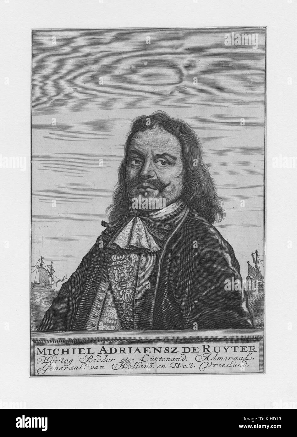 Portrait von Michiel de Ruyter, dem berühmtesten und kompetentesten Admiral der niederländischen Geschichte, der für seine Rolle in den angloniederländischen Kriegen des 17. Jahrhunderts berühmt ist, kämpfte er gegen die Engländer und Franzosen und erzielte mehrere große Siege gegen sie, Der bekannteste ist wahrscheinlich der RAID auf dem Medway, 1800. Aus der New York Public Library. Stockfoto