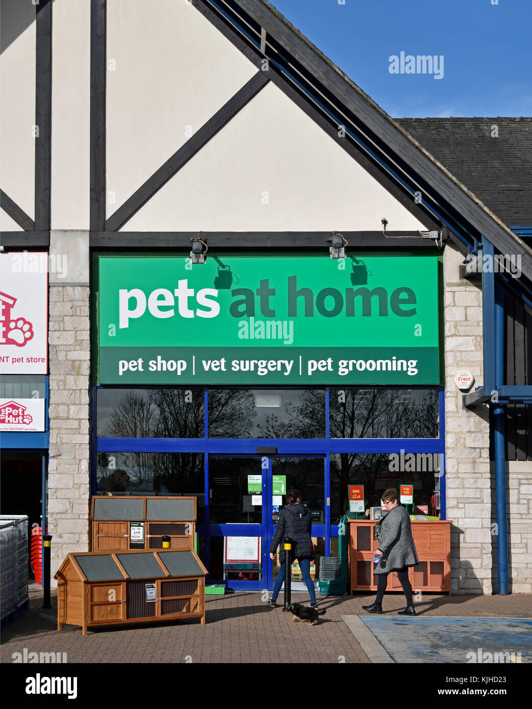 Kunden mit kleinen Hund an den Haustieren zu Hause lagern. Die alte Showground, Kendal, Cumbria, England, Vereinigtes Königreich, Europa. Stockfoto