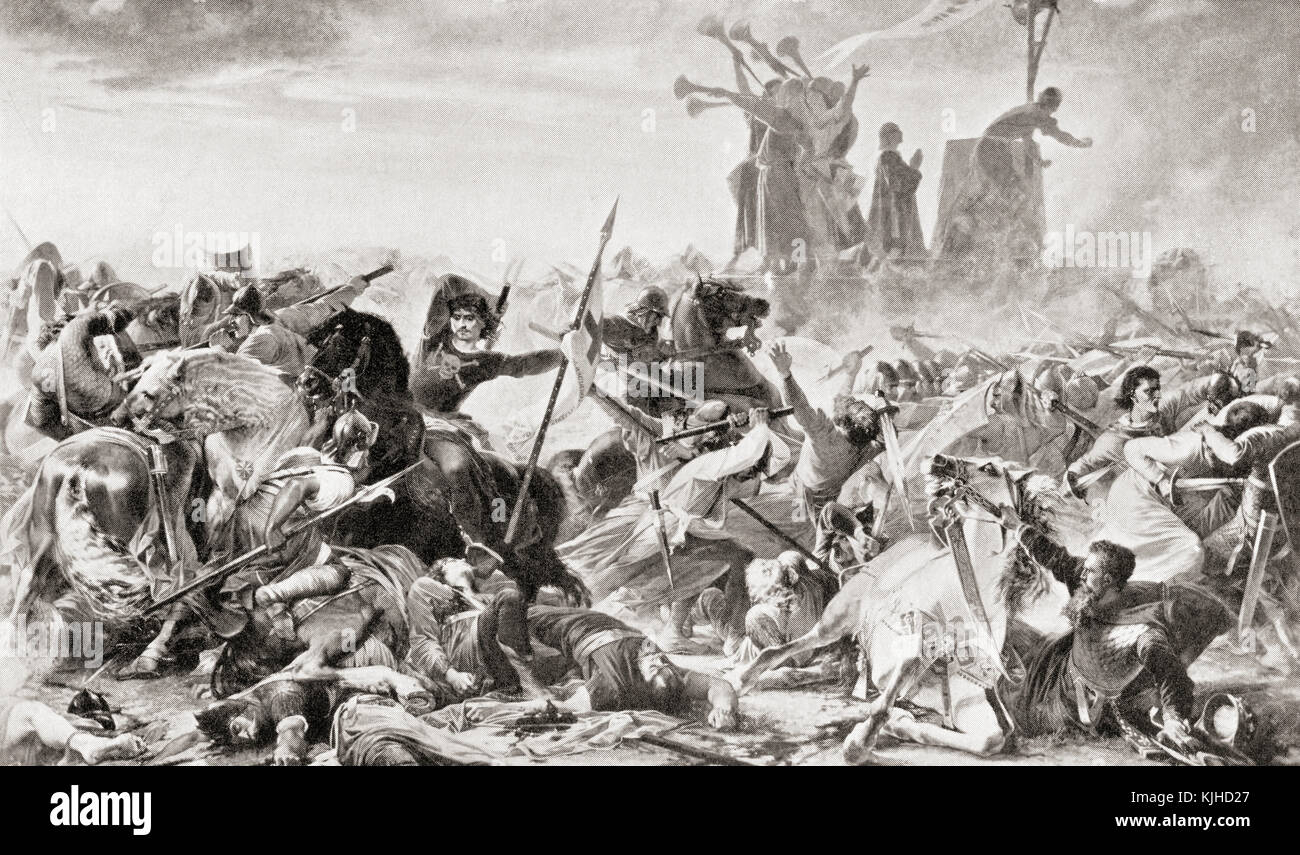 Die Schlacht von Legnano, 29. Mai 1176, kämpfte zwischen den Kräften des Heiligen Römischen Reiches, geführt von Kaiser Friedrich Barbarossa, und der lombardischen Liga. Von hutchinson Geschichte der Nationen, veröffentlicht 1915. Stockfoto