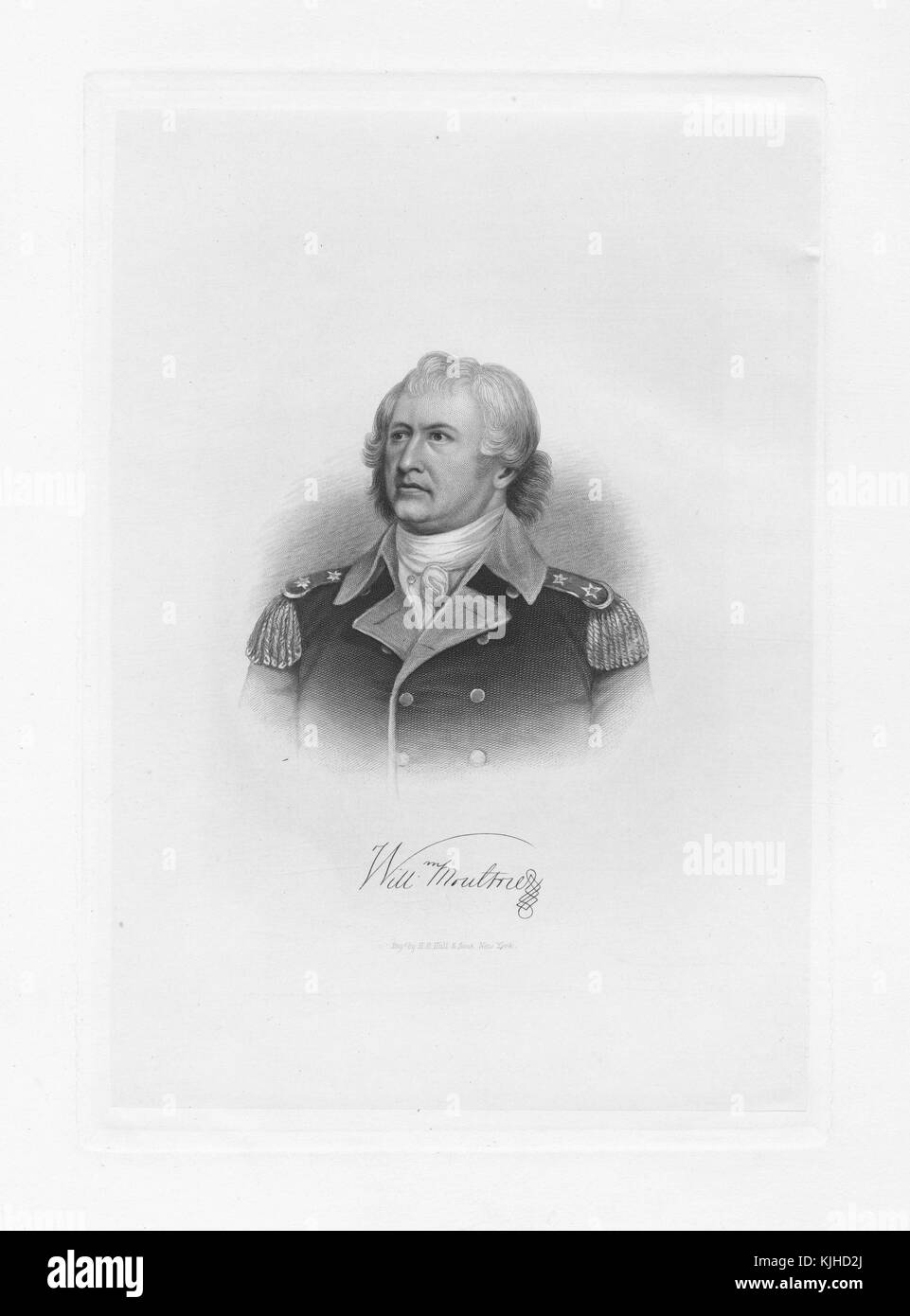 Graviertes Porträt von William Moultrie, General von South Carolina im Amerikanischen Unabhängigkeitskrieg, 1776 verhinderte er, dass die Briten Charleston einnehmen konnten, Fort Moultrie wurde nach ihm benannt, seine Unterschrift wurde im Bottom, South Carolina, 1834 kopiert. Aus der New York Public Library. Stockfoto