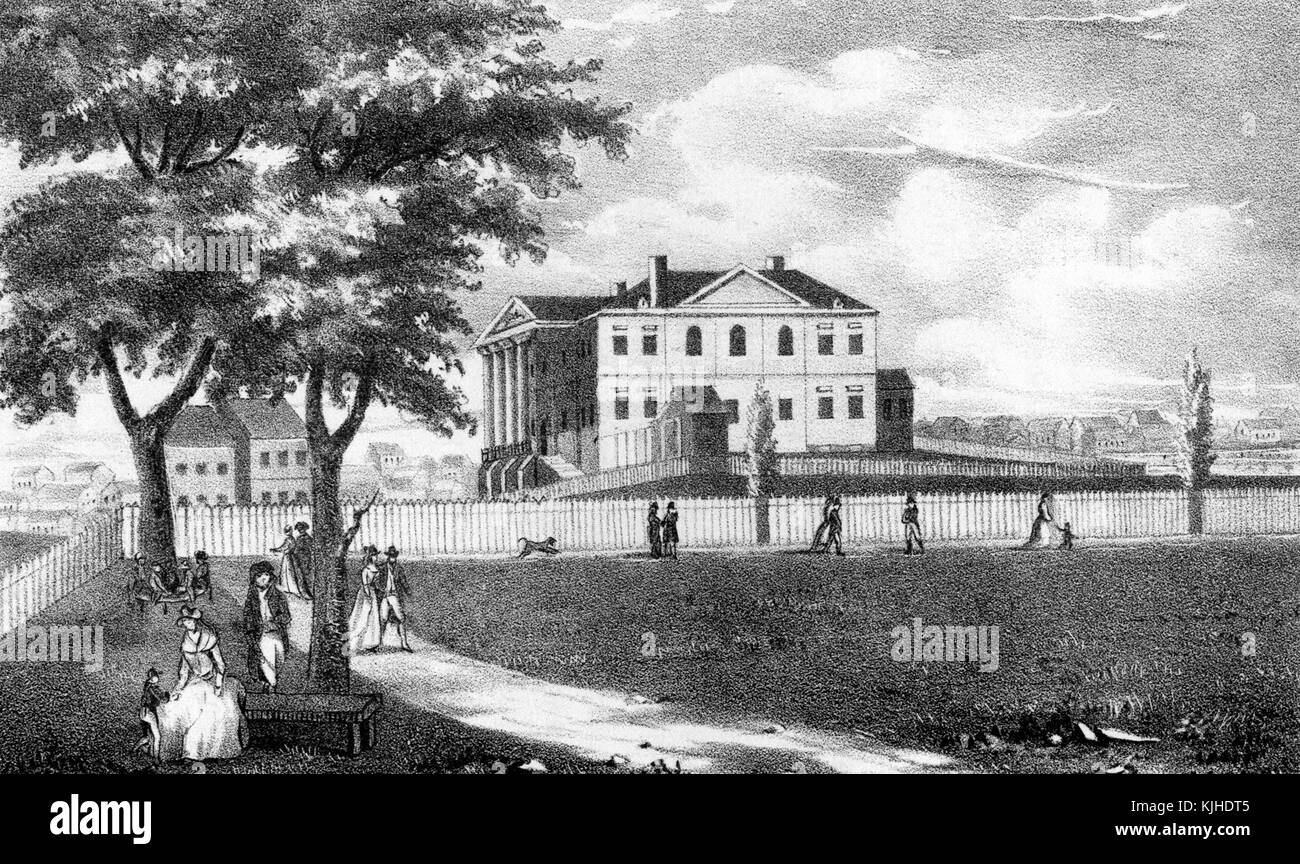 Eine Ätzung aus einem Gemälde, das das Regierungsgebäude darstellt. Es wurde 1790 erbaut, um Präsident George Washington als Herrensitz zu dienen. Aber er hat nie dort gelebt, weil die Hauptstadt der Nation verlegt wurde. Es diente als Wohnsitz des Gouverneurs, bevor es zu einer Pension wurde und dann zum Zollhaus, in dem die Bundesabgaben erhoben wurden. Es wurde von mehreren anderen Gruppen gemietet, bevor es schließlich im Jahr 1815, New York, 1800 abgerissen wurde. Aus der New York Public Library. Stockfoto