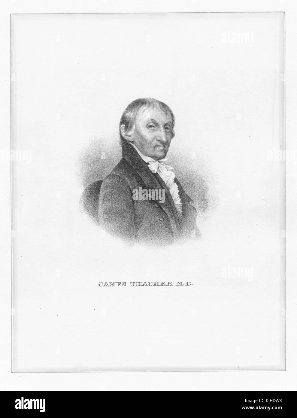 Eingraviertes Porträt von James Thacher, einem amerikanischen Arzt und Schriftsteller, von 1775 bis 1783 war er Chirurg im Unabhängigkeitskrieg im Massachusetts 16. Regiment, Massachusetts, 1800. Aus der New York Public Library. Stockfoto
