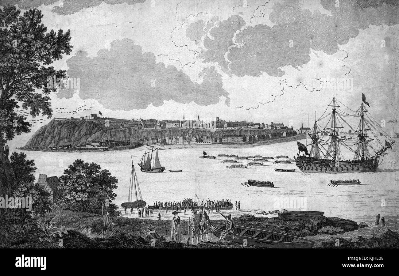 Farbige Lithographie mit einer Ansicht von Quebec City, von der Küste, Boote im Wasser, kann die Stadt im Hintergrund, Quebec, Kanada, 1834 gesehen werden. Von der New York Public Library. Stockfoto