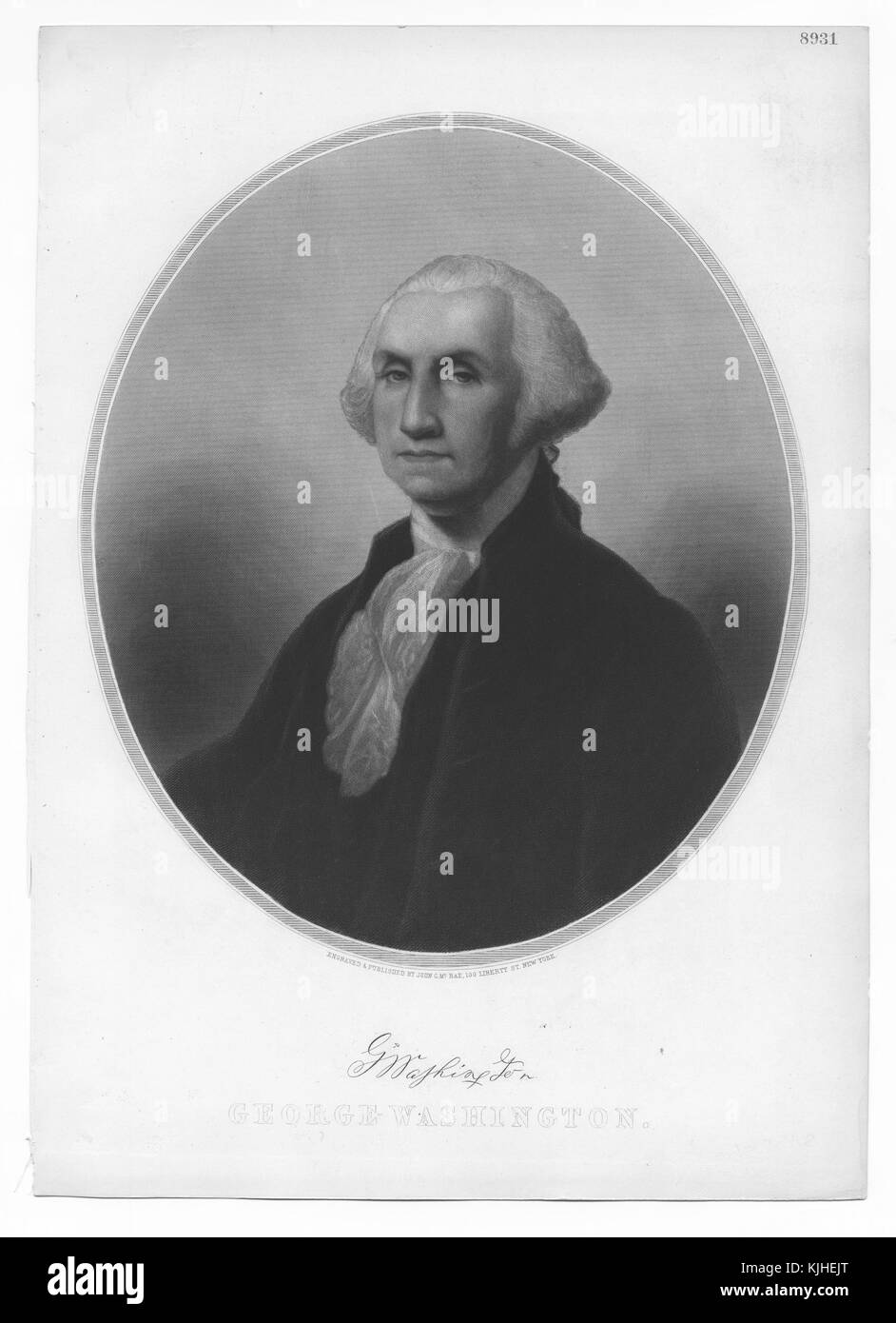 Graviert Porträt von George Washington, in einem Oval, seine Unterschrift unten, Washington, DC, 1829 kopiert. Von der New York Public Library. Stockfoto