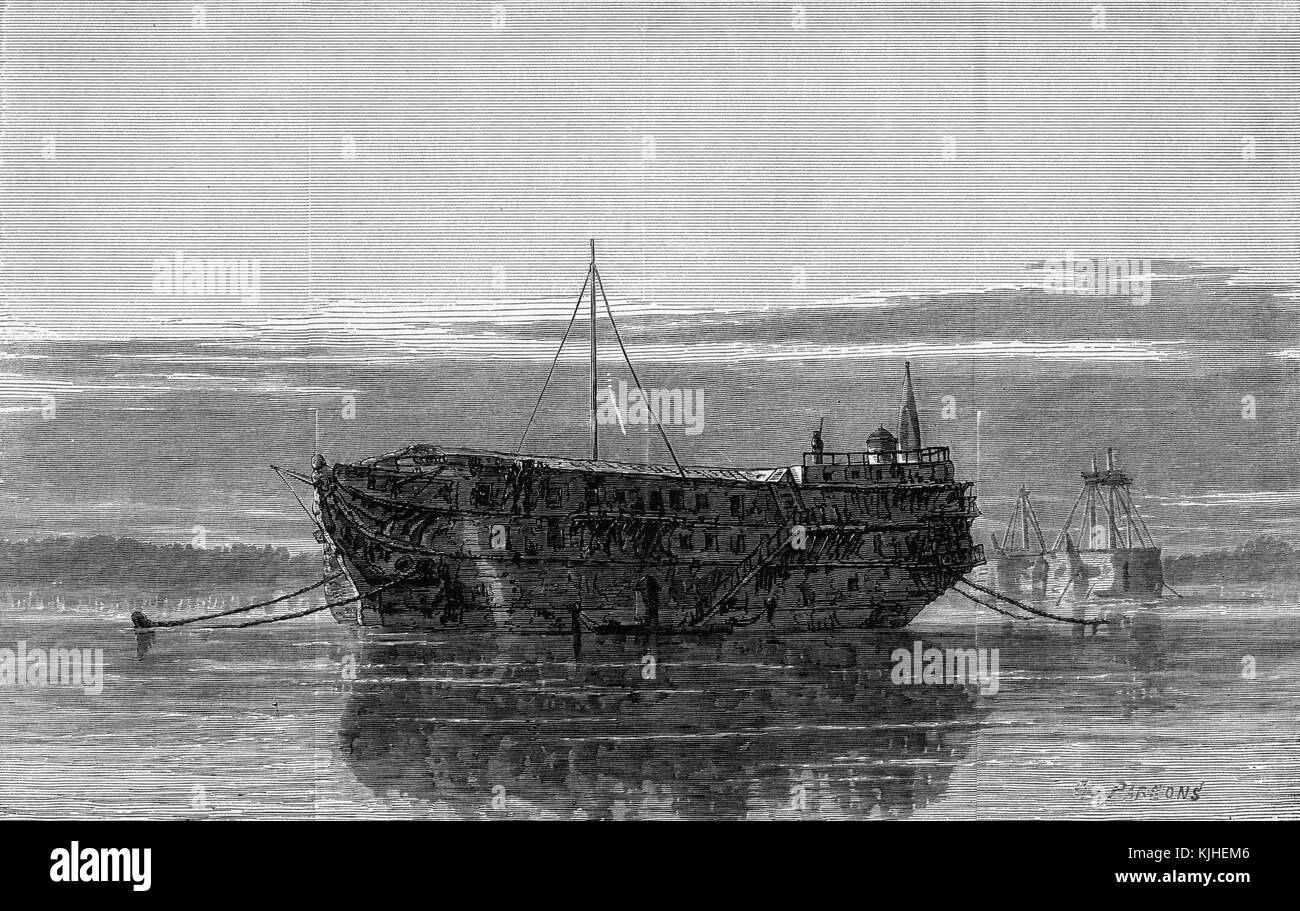 Kupferstich mit der Darstellung der HMS-Jersey, ein 60 gun vierte Rate Kriegsschiff der Royal Navy, der am 14. Juni 1736 ins Leben gerufen, vielleicht die meisten für Ihren Dienst als Gefängnis Schiff während des Amerikanischen Unabhängigkeitskrieges 1832 festgestellt. Von der New York Public Library. Stockfoto